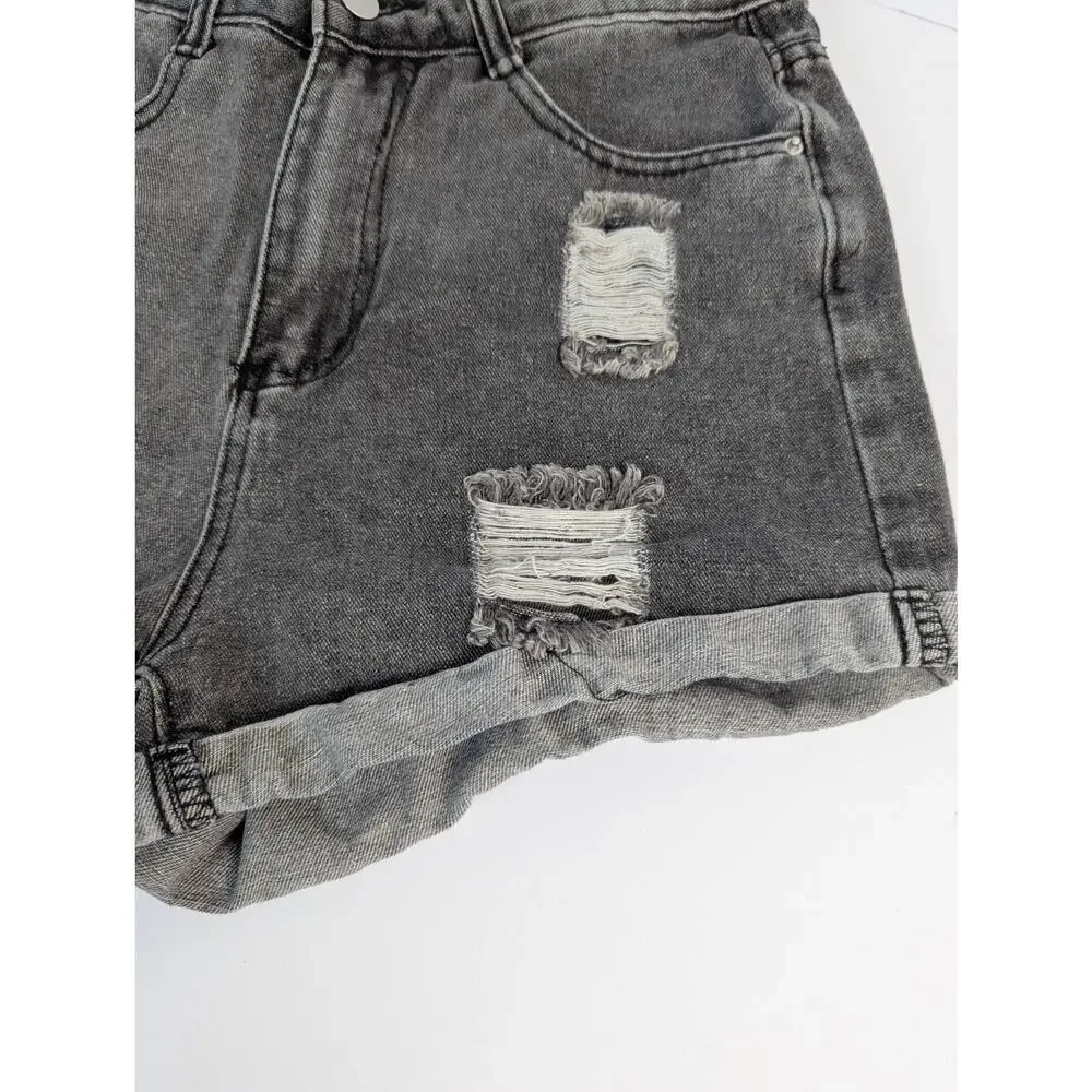 Black High Rise Cuffed Distressed Denim Shorts Women's S Goth Grunge EUC